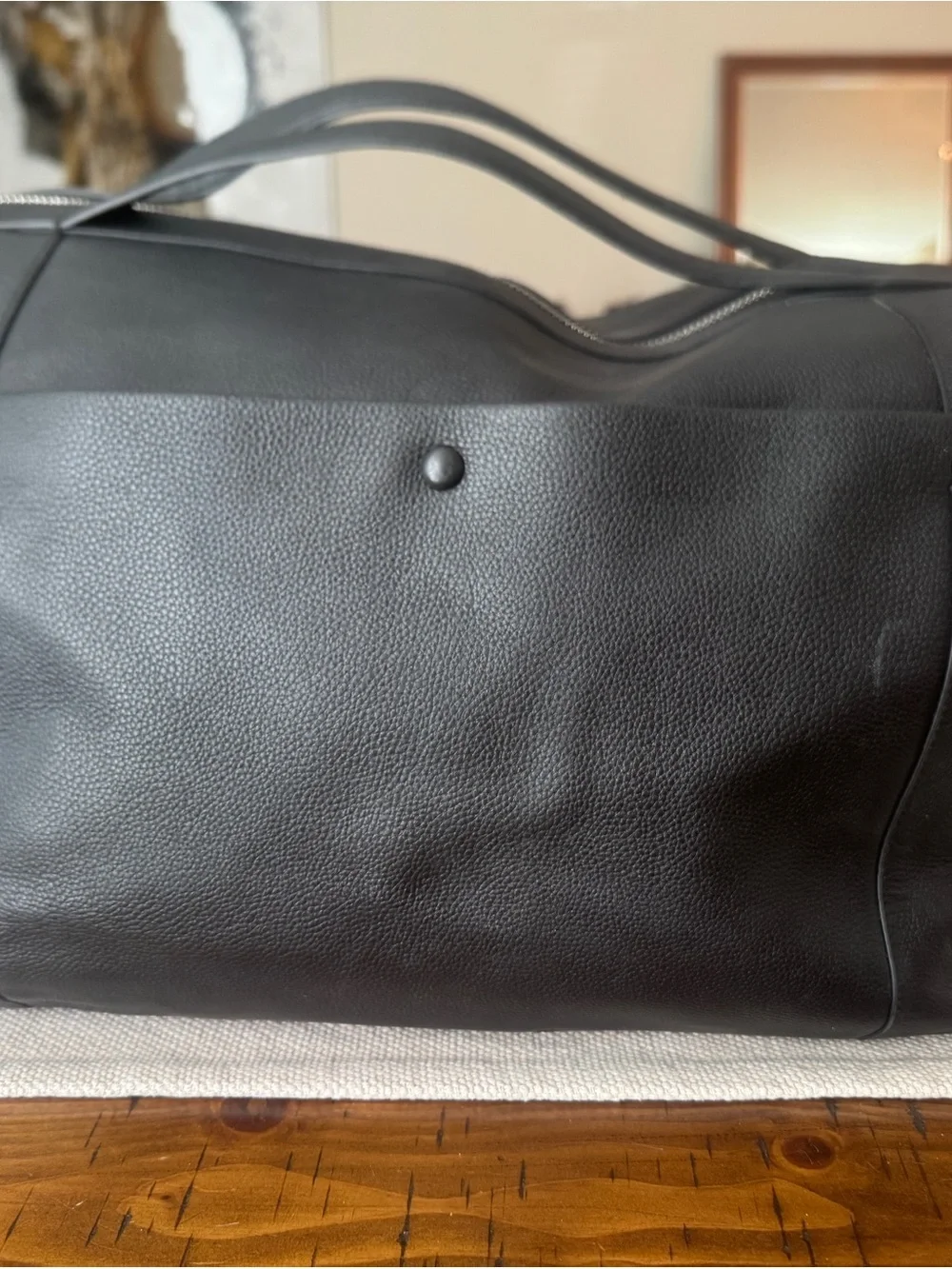 Cole Haan Black Leather Duffel with Silver Zip and Strap Hardware